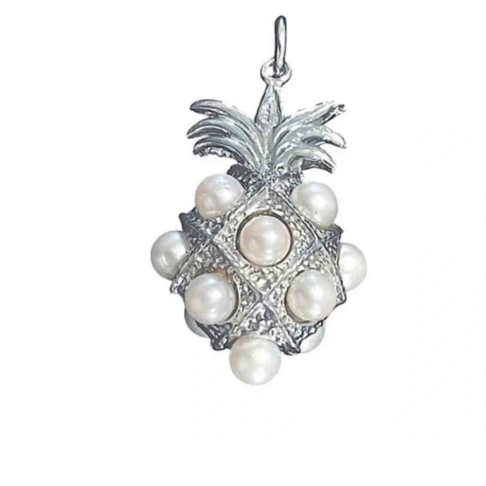 Vintage Pineapple Charm Faux Pearl Pendant Faux Pearl Silver